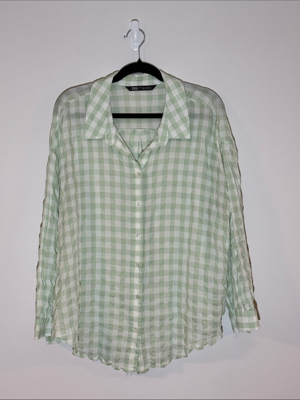 Zara Light Green and White Gingham Button-Down Shirt